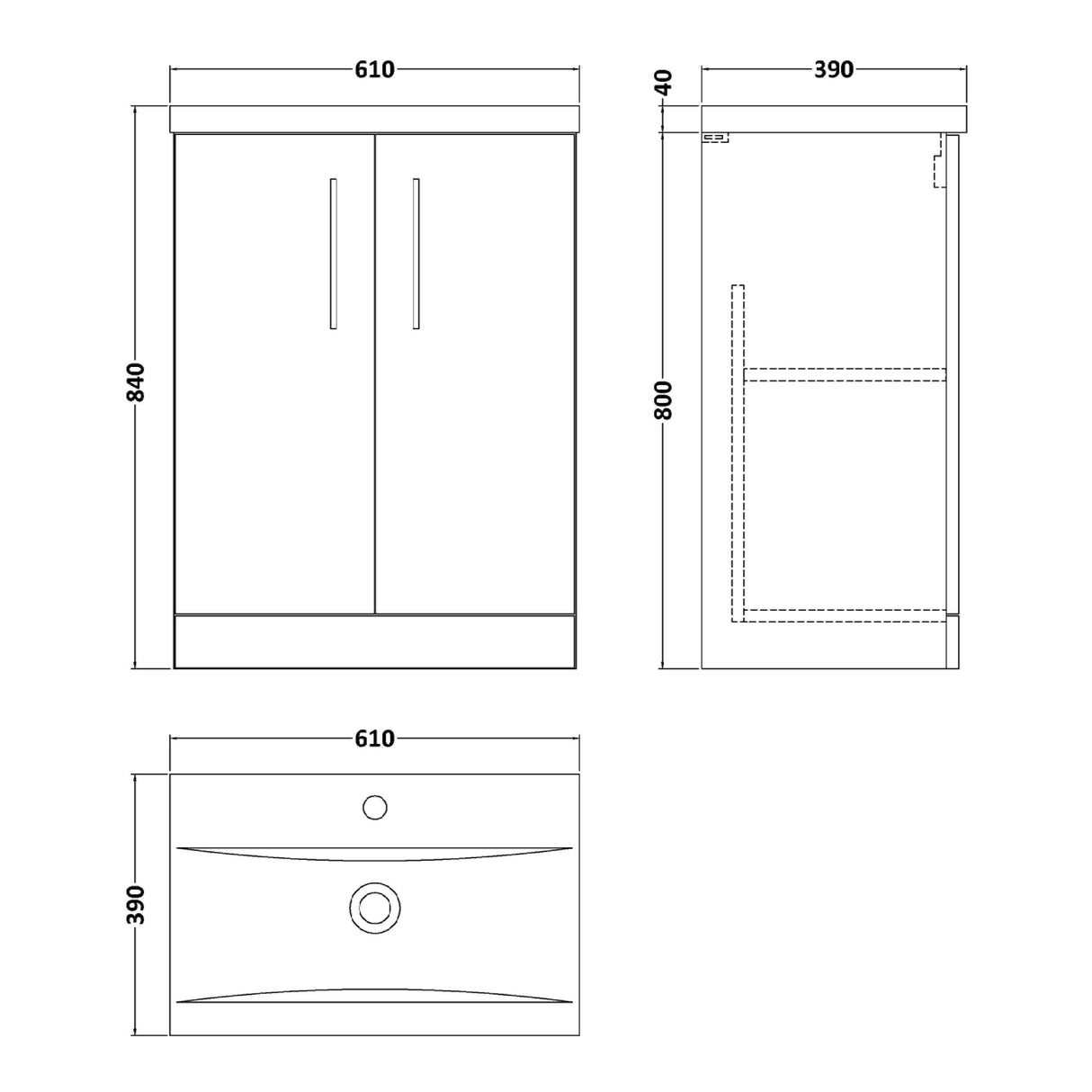 Nuie Arno 600mm Floor Standing 2 Door Vanity Unit & Basin Gloss White ARN103A LD