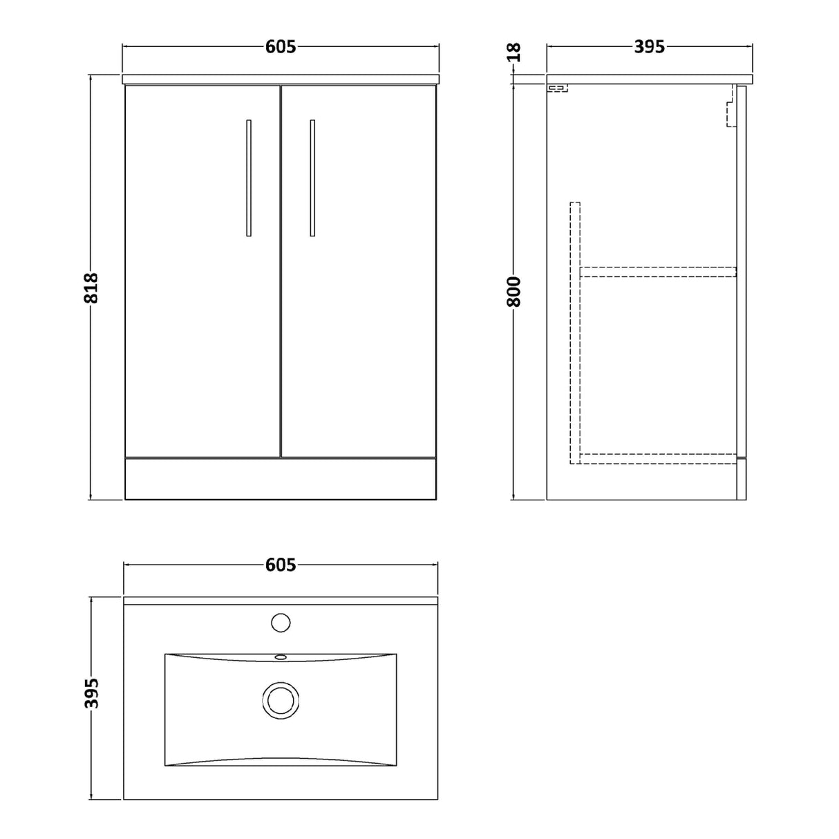Nuie Arno 600mm Floor Standing 2 Door Vanity Unit & Basin Gloss White ARN103B LD