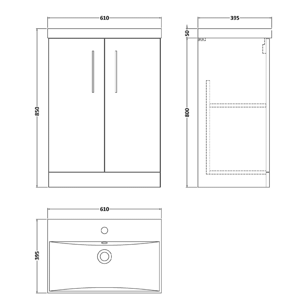 Nuie Arno 600mm Floor Standing 2 Door Vanity Unit & Basin Gloss White ARN103D LD