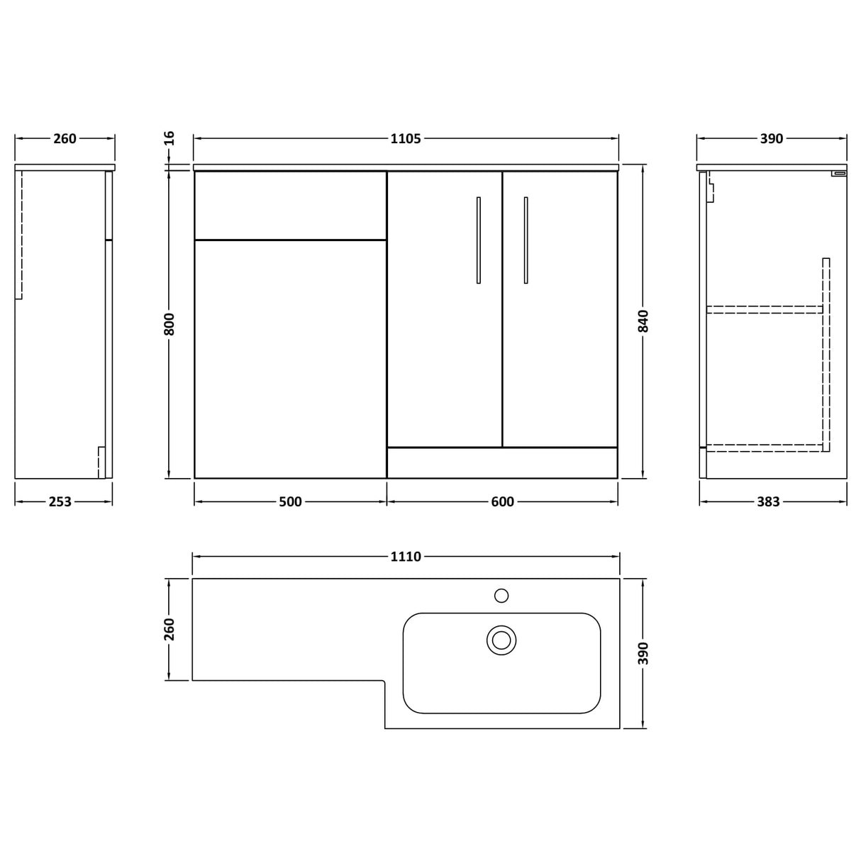Nuie Arno Toilet & Basin Suite W1100mm - 2 Door Vanity Unit & White Stone Basin Gloss White ARN112R LD