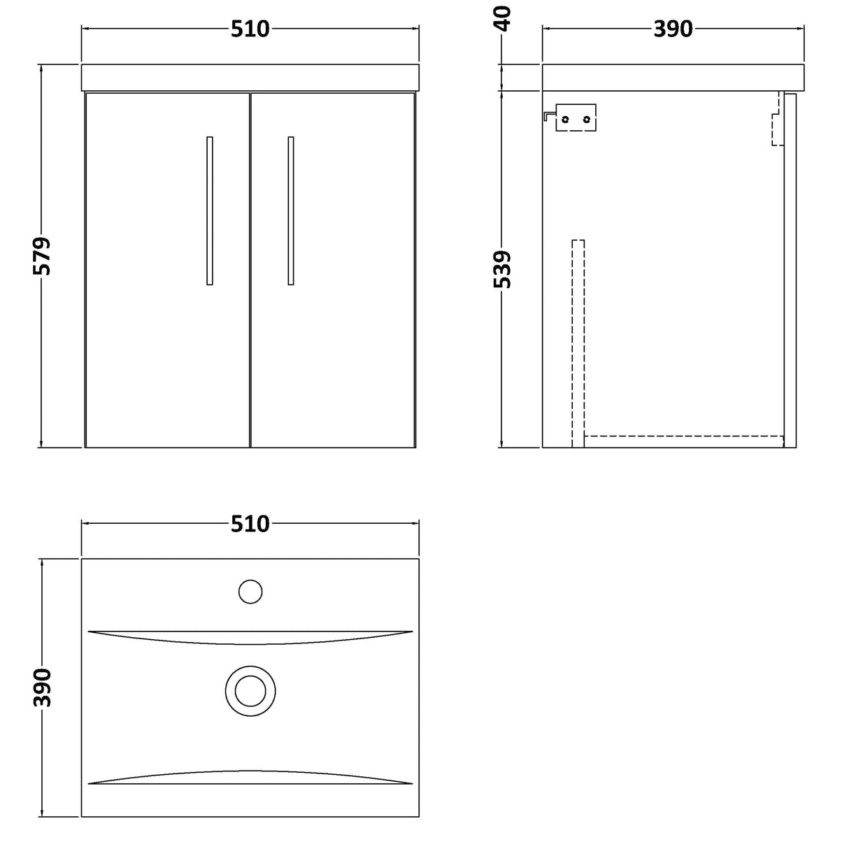 Nuie Arno 500mm Wall Hung 2 Door Vanity Unit & Basin Gloss White ARN121A LD