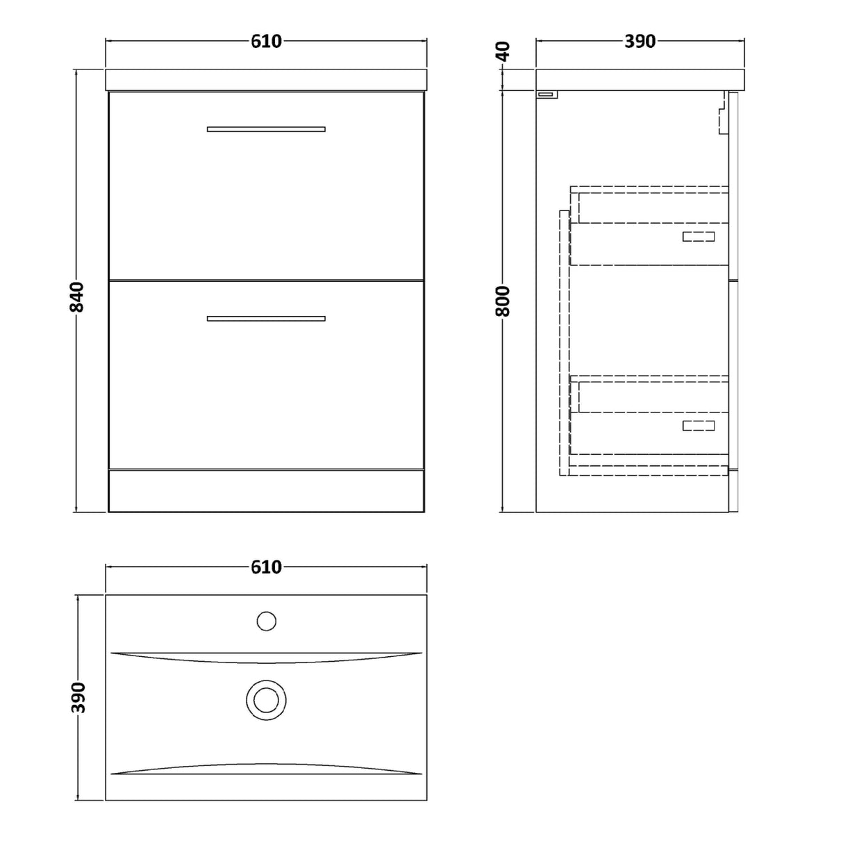 Nuie Arno 600mm Floor Standing 2 Drawer Vanity Unit & Basin Gloss White ARN133A LD