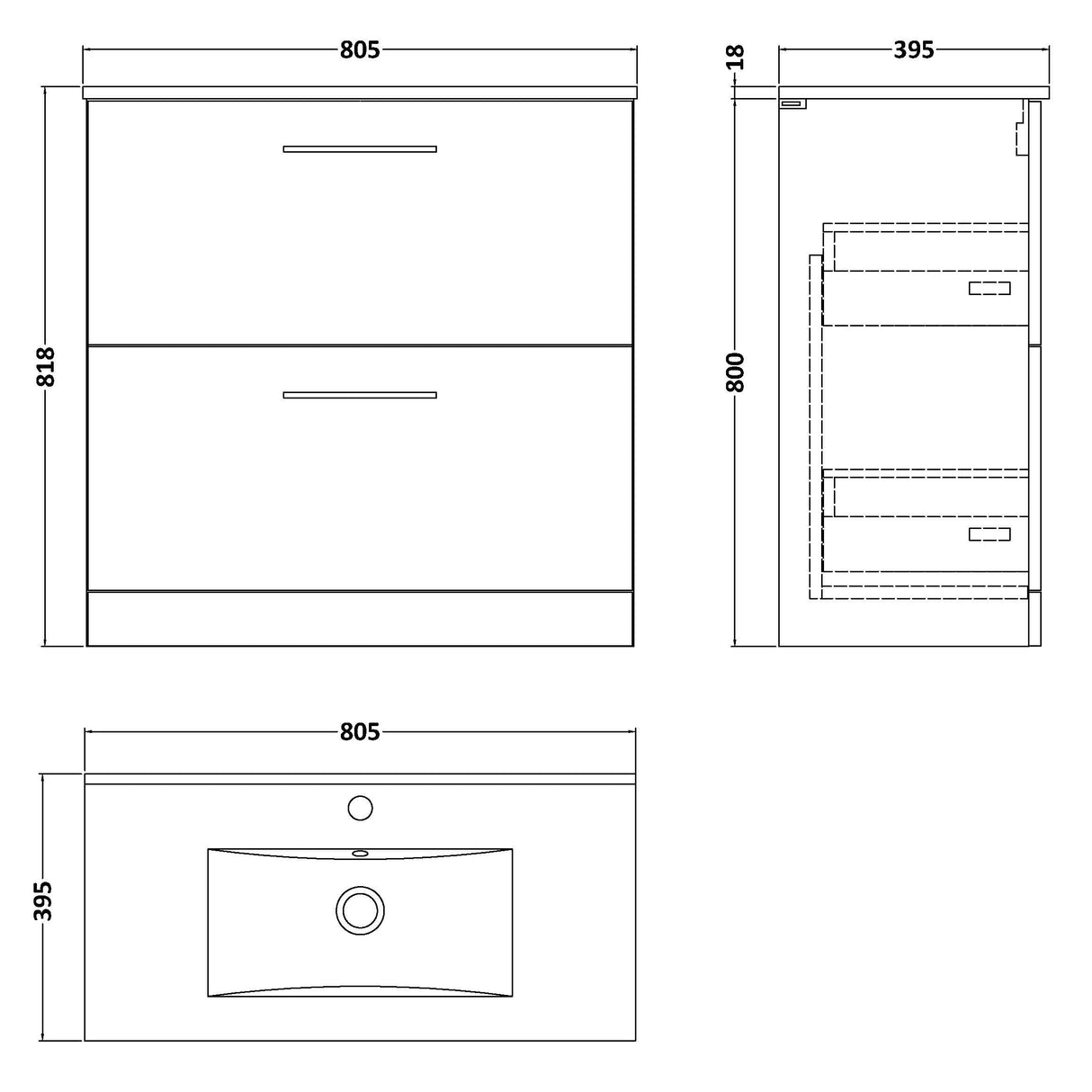 Nuie Arno 800mm Floor Standing 2 Drawer Vanity Unit & Basin Gloss White ARN135B LD
