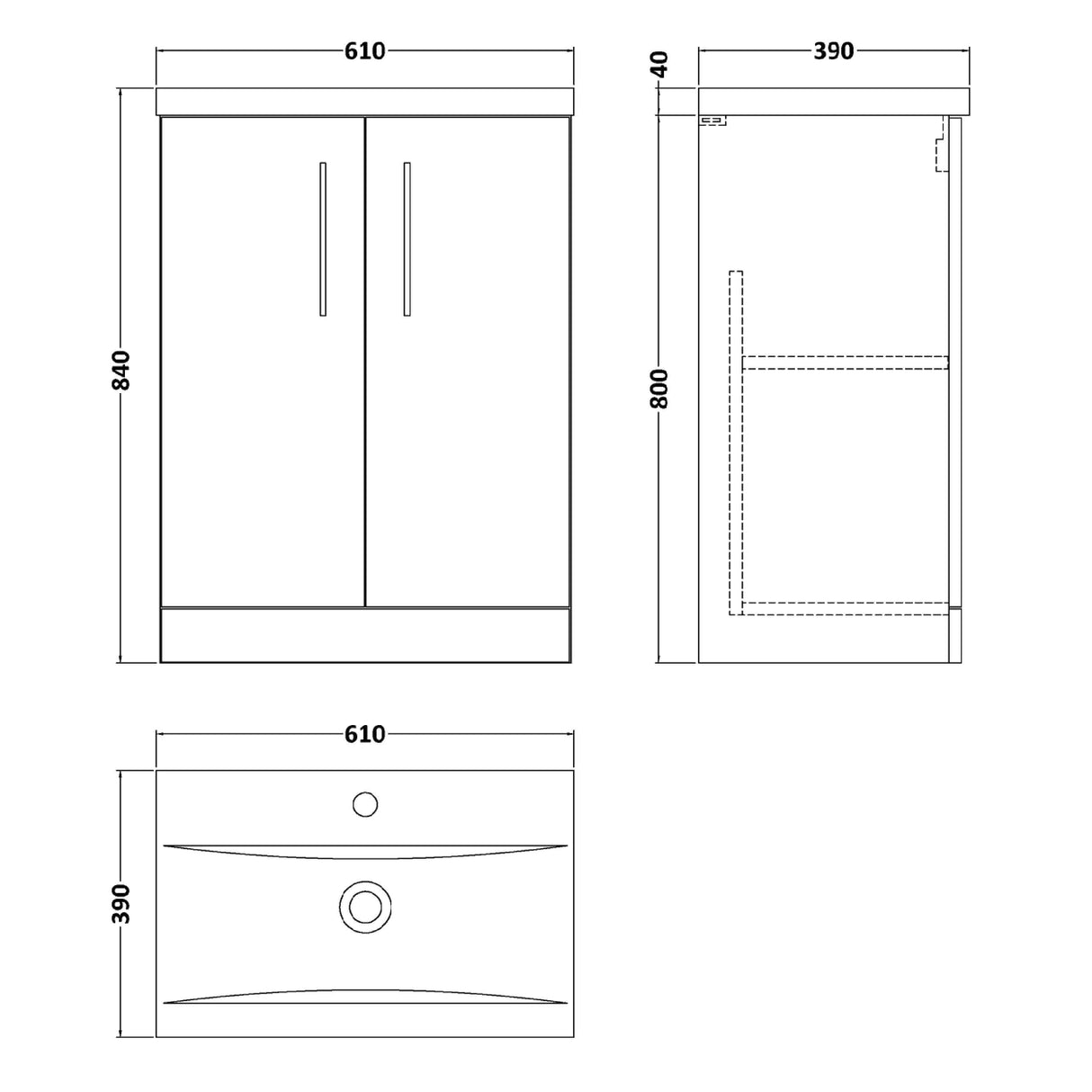 Nuie Arno 600mm Floor Standing 2 Door Vanity Unit & Basin Soft Black ARN1403A LD