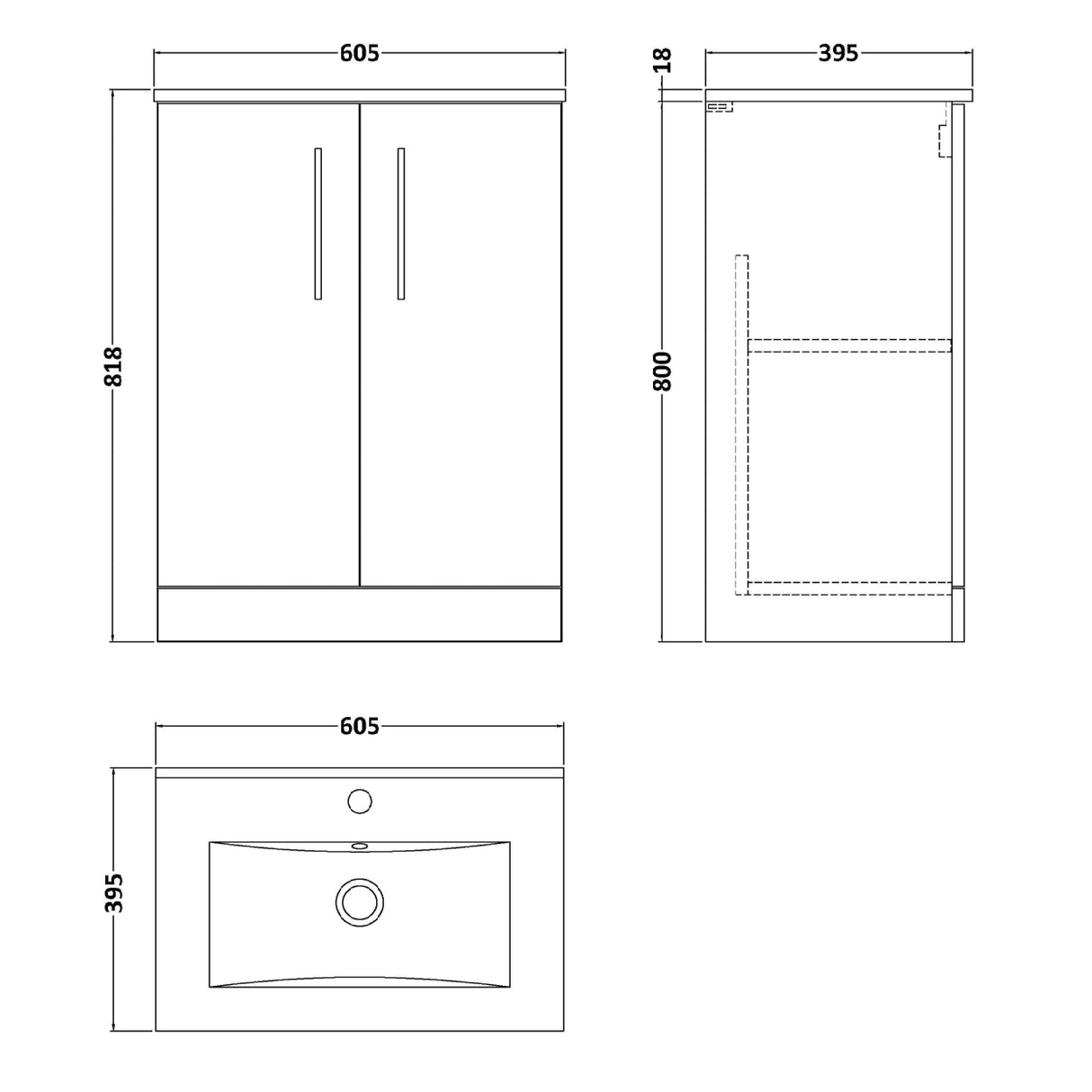 Nuie Arno 600mm Floor Standing 2 Door Vanity Unit & Basin Soft Black ARN1403B LD