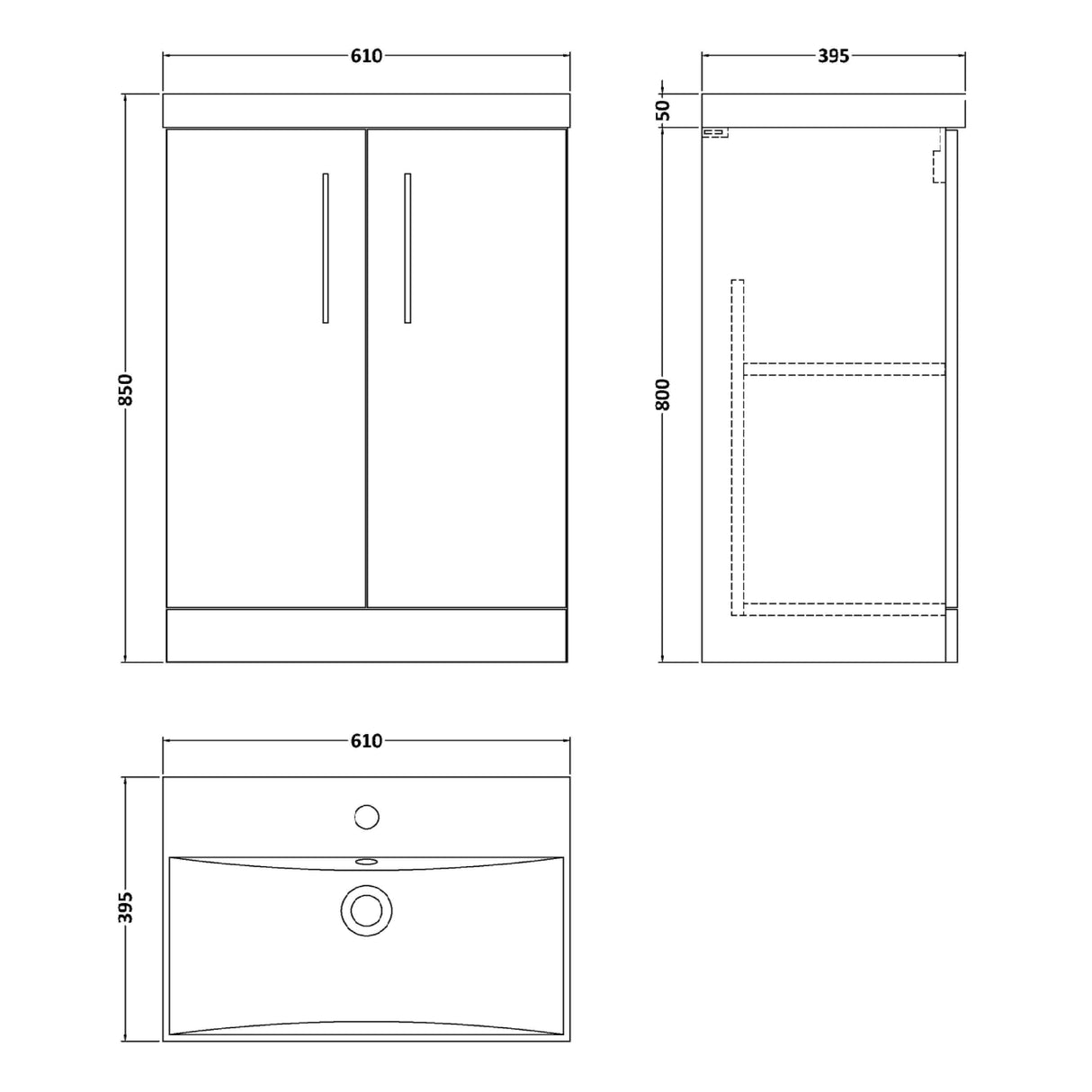 Nuie Arno 600mm Floor Standing 2 Door Vanity Unit & Basin Soft Black ARN1403D LD