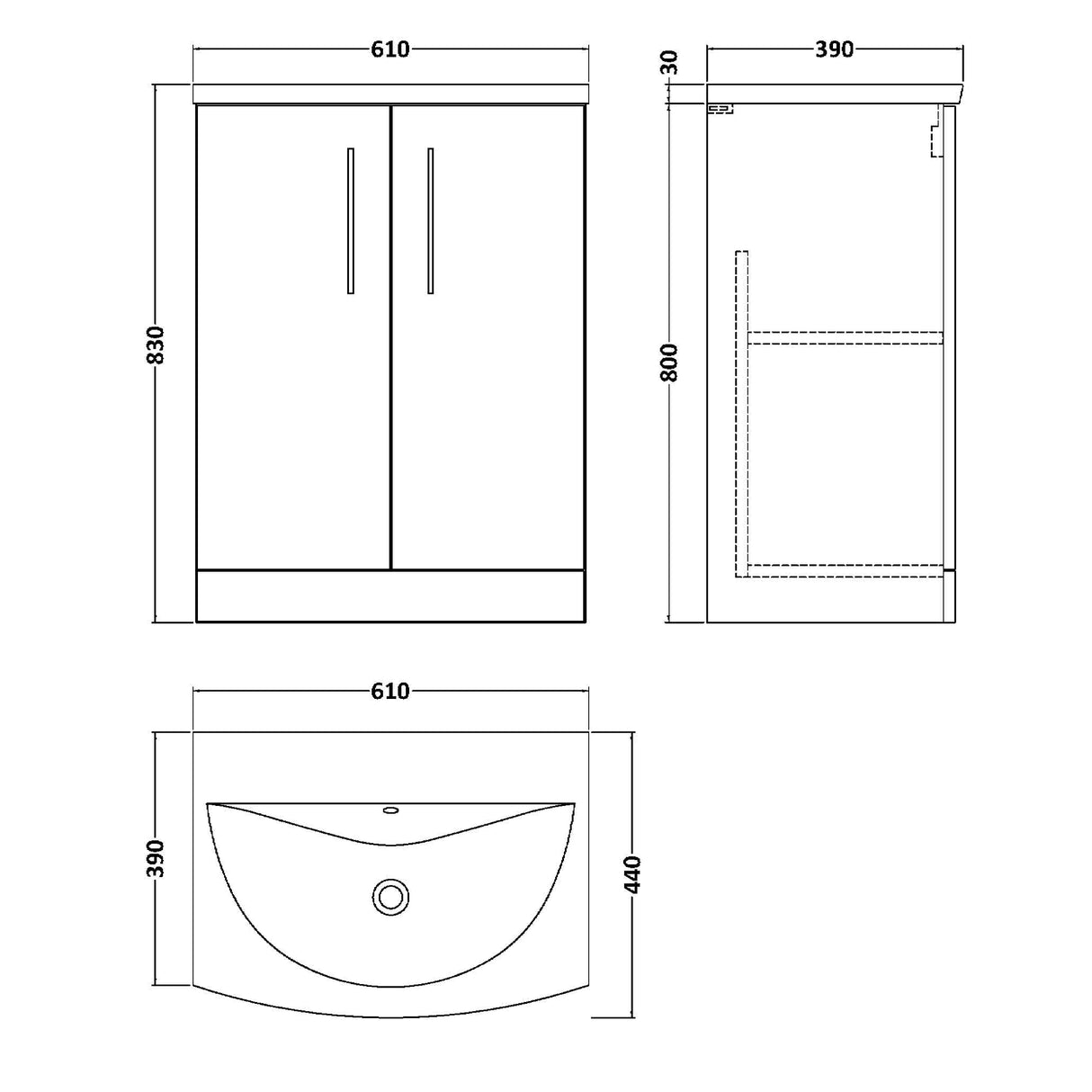 Nuie Arno 600mm Floor Standing 2 Door Vanity Unit & Basin Soft Black ARN1403G LD