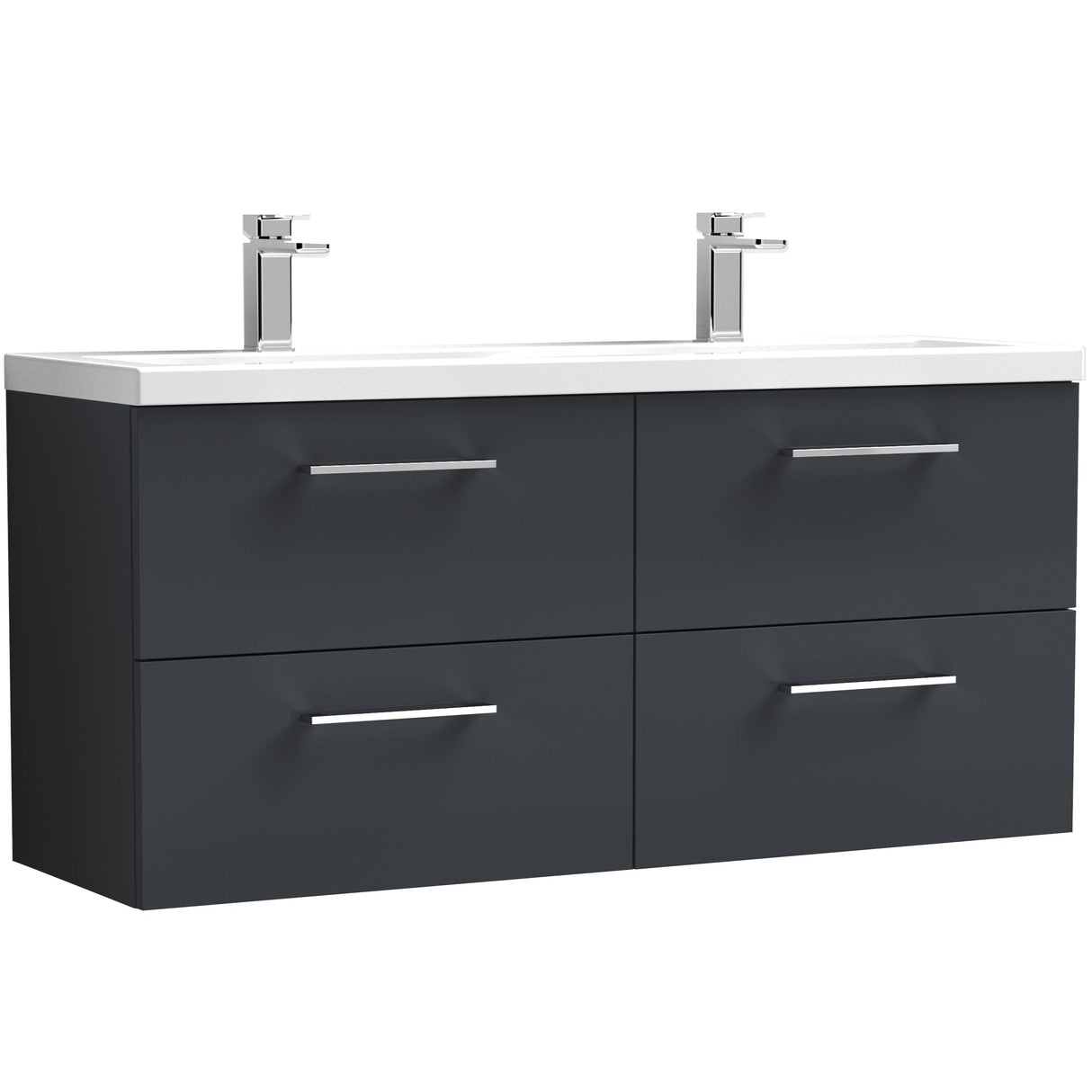 Nuie Arno 1200mm Wall Hung 4 Drawer Vanity Unit & Double Basin Soft Black ARN1424F