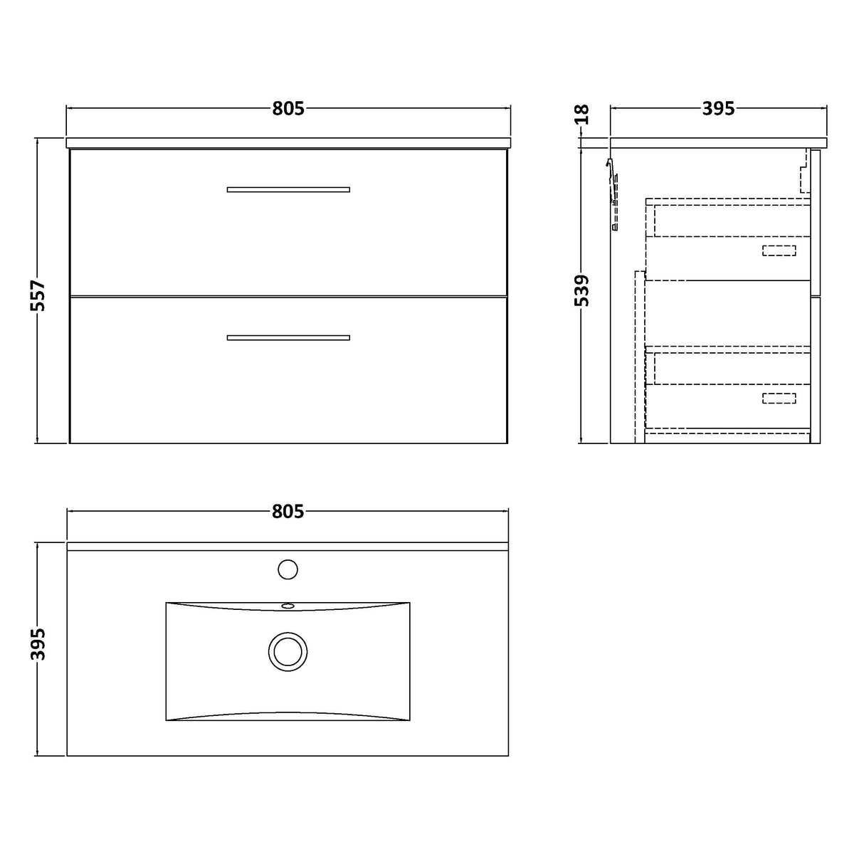 Nuie Arno 800mm Wall Hung 2 Drawer Vanity Unit & Basin Soft Black ARN1426B LD