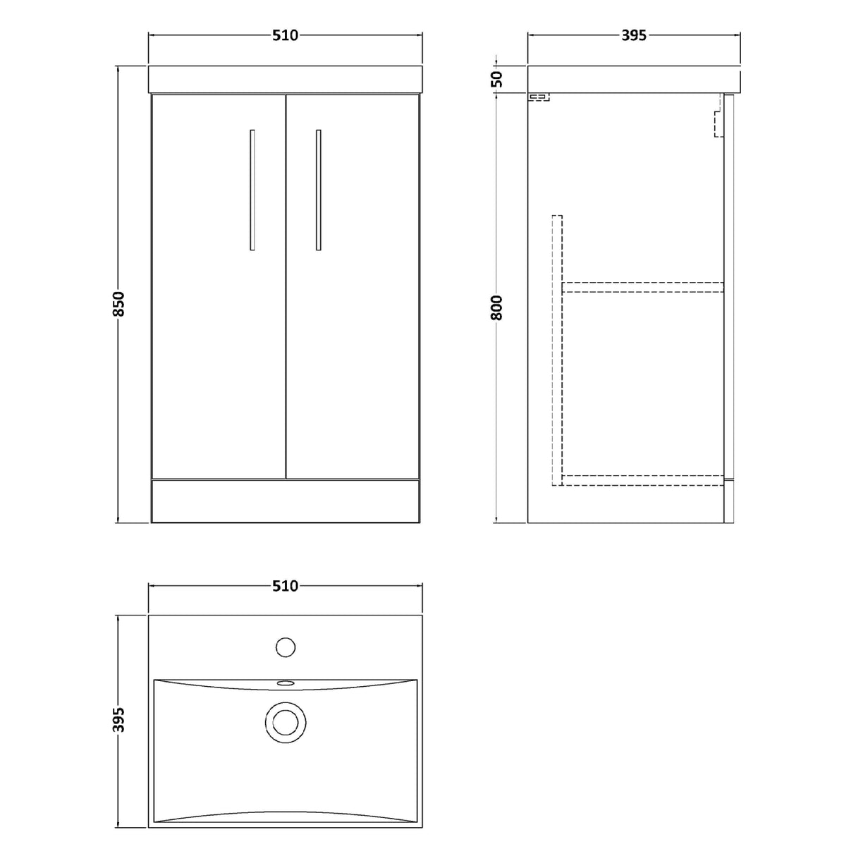 Nuie Arno 500mm Floor Standing 2 Door Vanity Unit & Basin Satin Grey ARN2201D LD