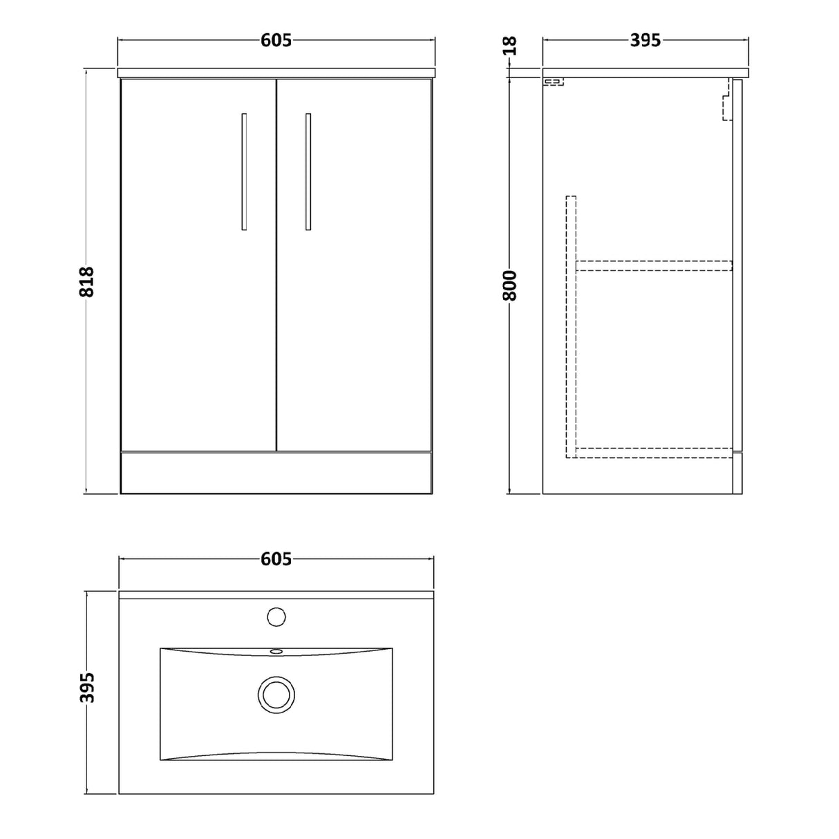 Nuie Arno 600mm Floor Standing 2 Door Vanity Unit & Basin Satin Grey ARN2203B LD