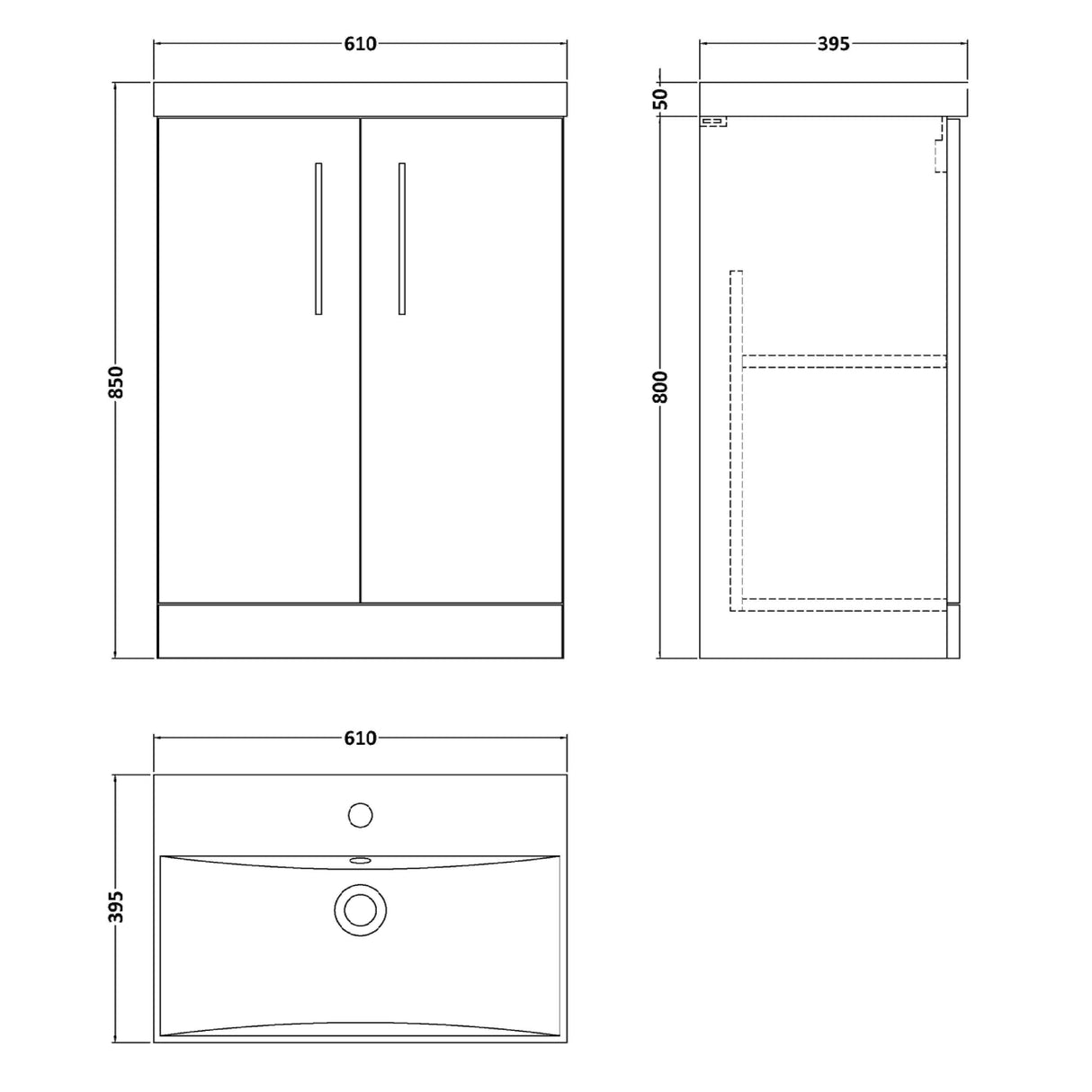 Nuie Arno 600mm Floor Standing 2 Door Vanity Unit & Basin Satin Grey ARN2203D LD