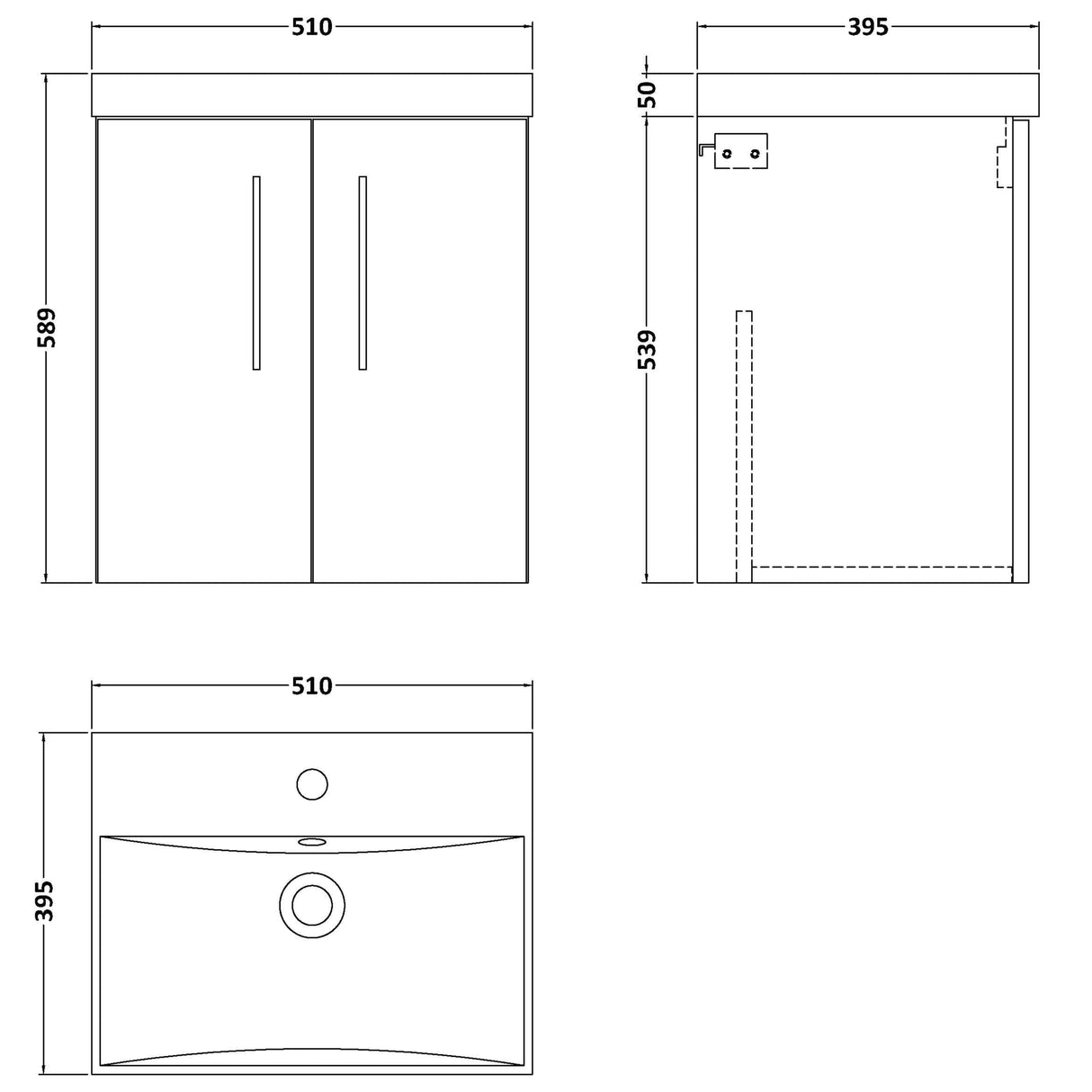 Nuie Arno 500mm Wall Hung 2 Door Vanity Unit & Basin Satin Grey ARN2221D LD