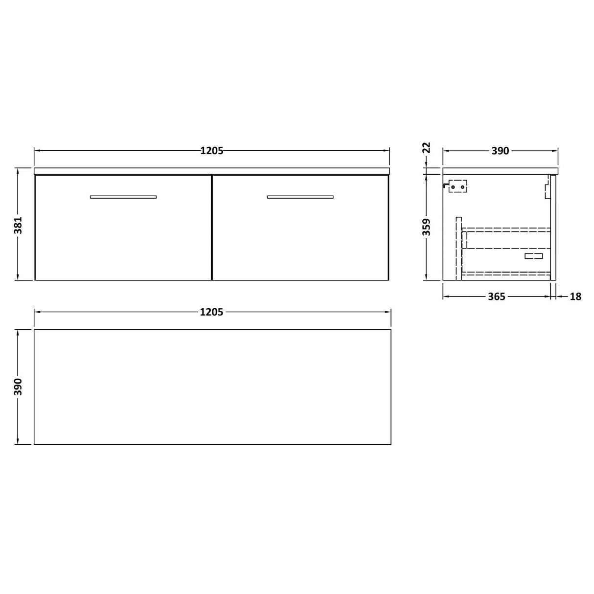 Nuie Arno 1200mm Wall Hung 2 Drawer Countertop Vanity Unit Satin Grey ARN2222LCM2 LD