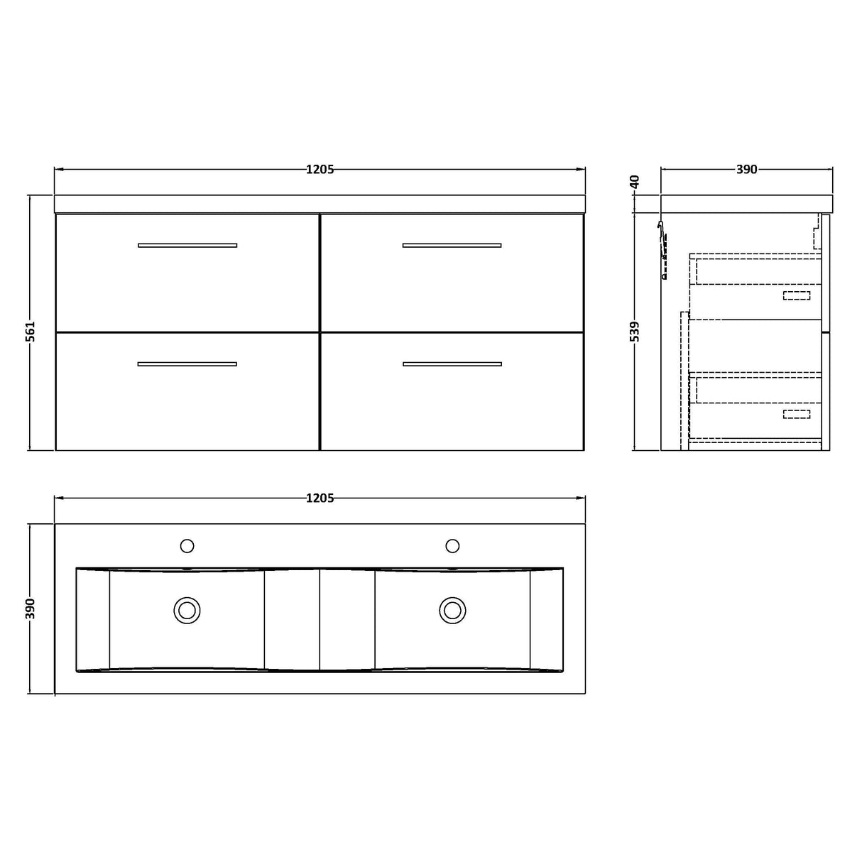 Nuie Arno 1200mm Wall Hung 4 Drawer Vanity Unit & Double Basin Satin Grey ARN2224F LD