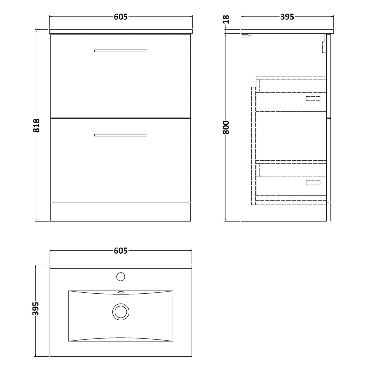 Nuie Arno 600mm Floor Standing 2 Drawer Vanity Unit & Basin Satin Grey ARN2233B LD