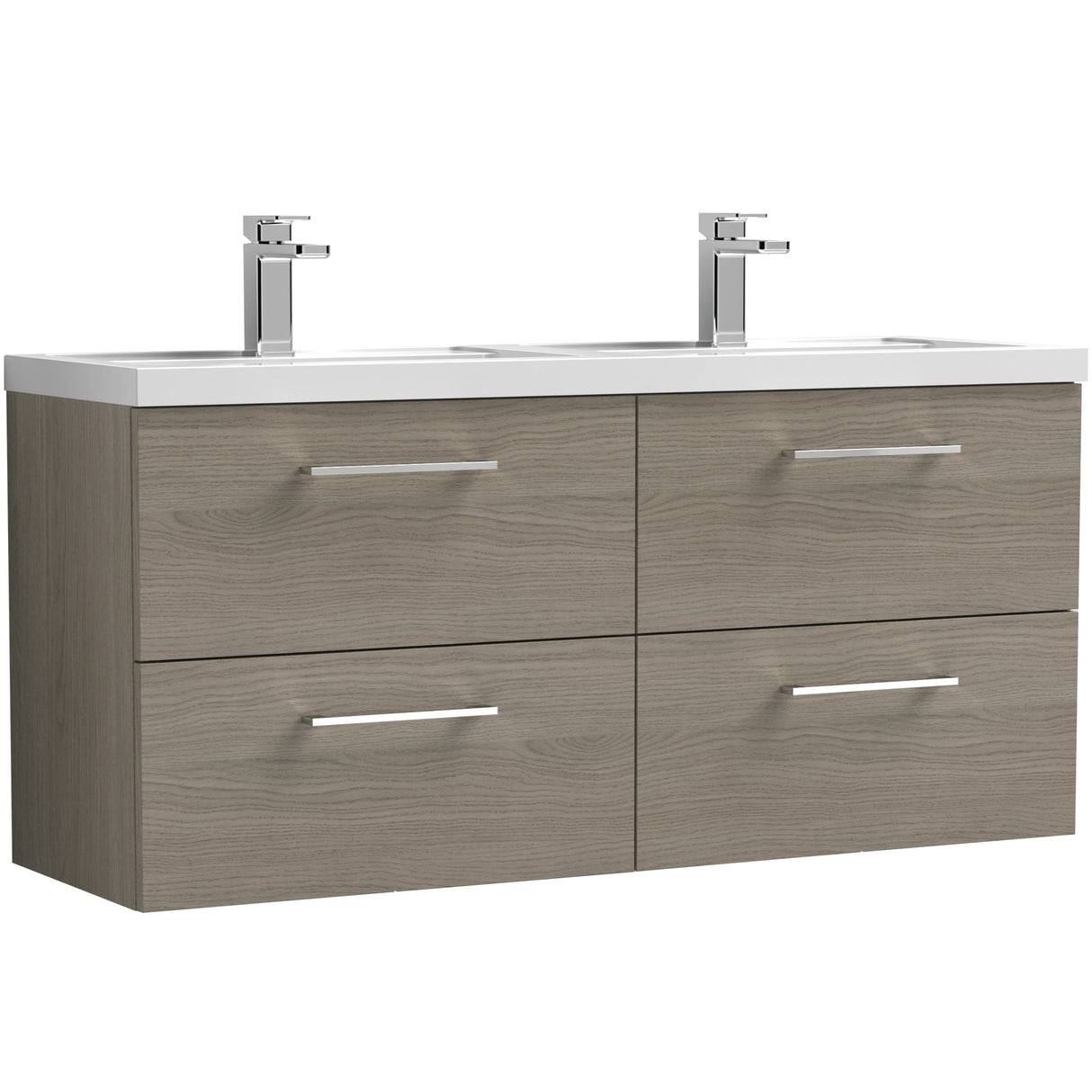 Nuie Arno 1200mm Wall Hung 4 Drawer Vanity Unit & Double Basin Solace Oak ARN2524C