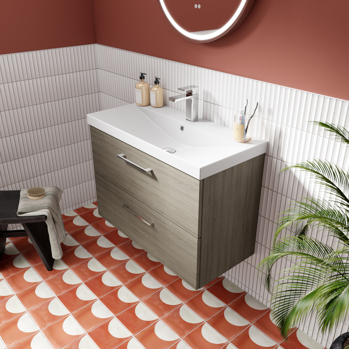 Nuie Arno 800mm Wall Hung 2 Drawer Vanity Unit & Basin Solace Oak ARN2526D LS