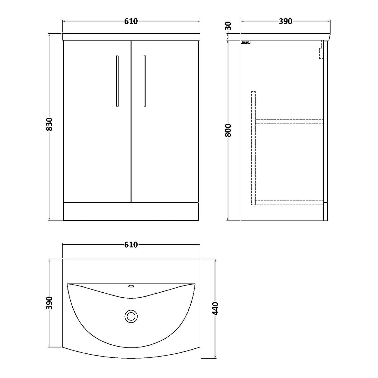 Nuie Arno 600mm Floor Standing 2 Door Vanity Unit & Basin Bleached Oak ARN3003G LD