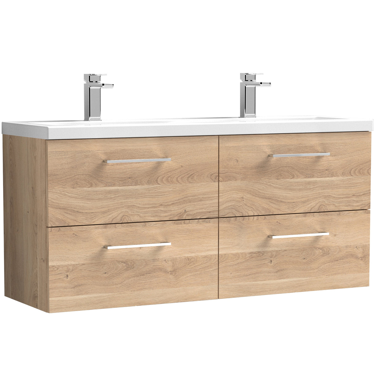 Nuie Arno 1200mm Wall Hung 4 Drawer Vanity Unit & Double Basin Bleached Oak ARN3024F
