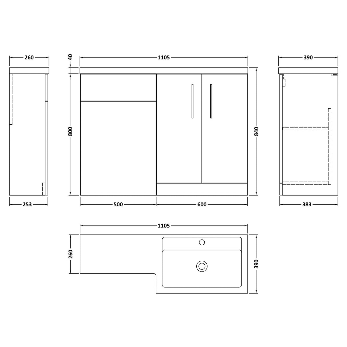 Nuie Arno Toilet & Basin Suite W1100mm - 2 Door Vanity Unit & Polymarble Basin Anthracite Woodgrain ARN511R LD