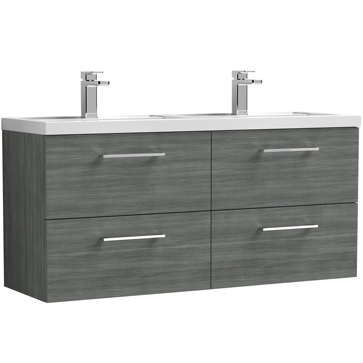 Nuie Arno 1200mm Wall Hung 4 Drawer Vanity Unit & Double Basin Anthracite Woodgrain ARN524C