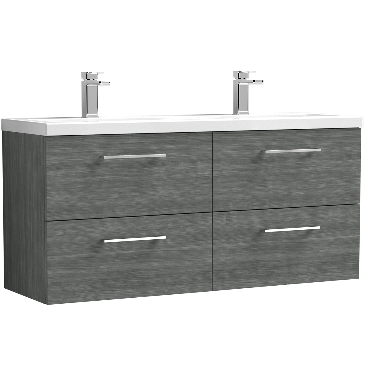 Nuie Arno 1200mm Wall Hung 4 Drawer Vanity Unit & Double Basin Anthracite Woodgrain ARN524F