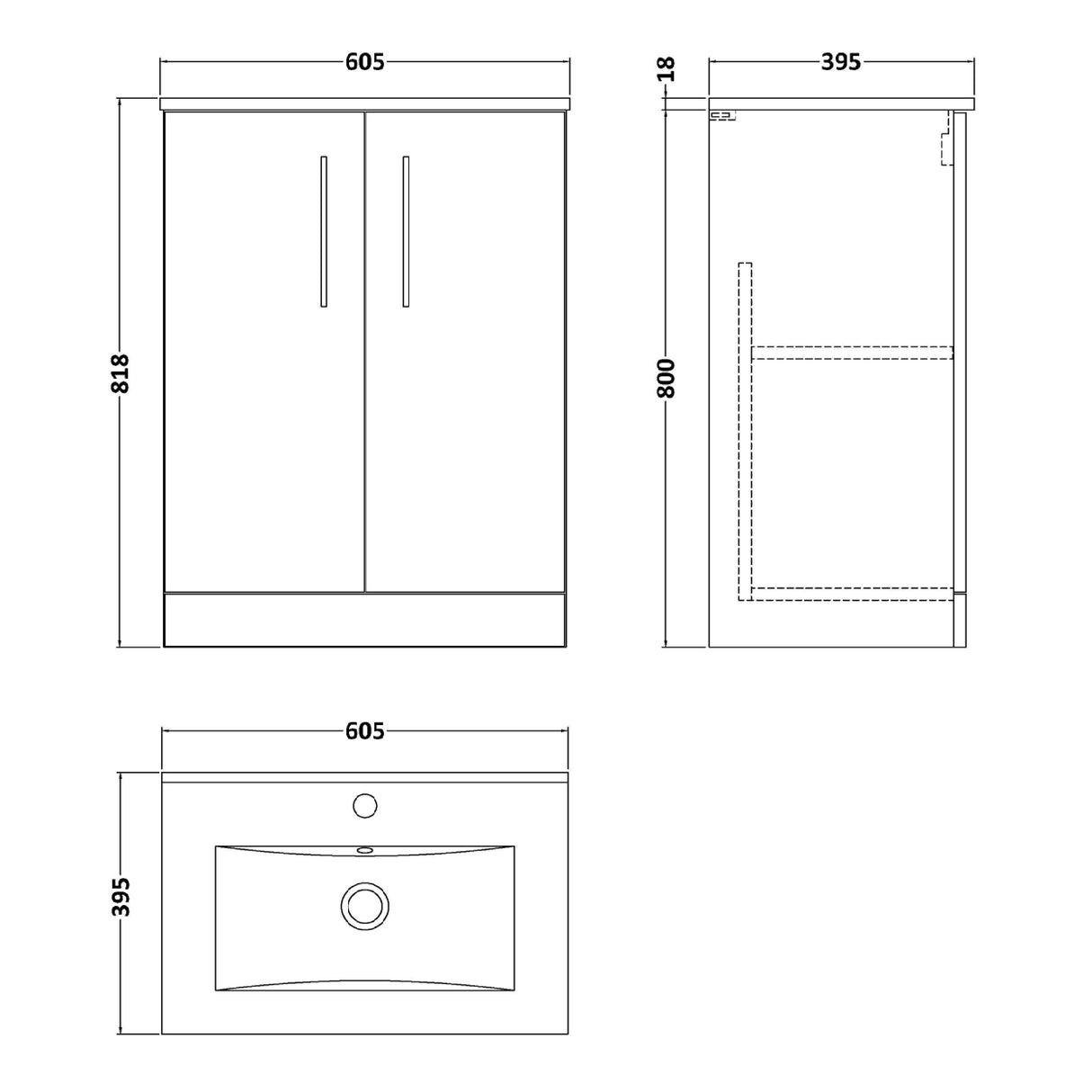 Nuie Arno 600mm Floor Standing 2 Door Vanity Unit & Basin Charcoal Black ARN603B LD