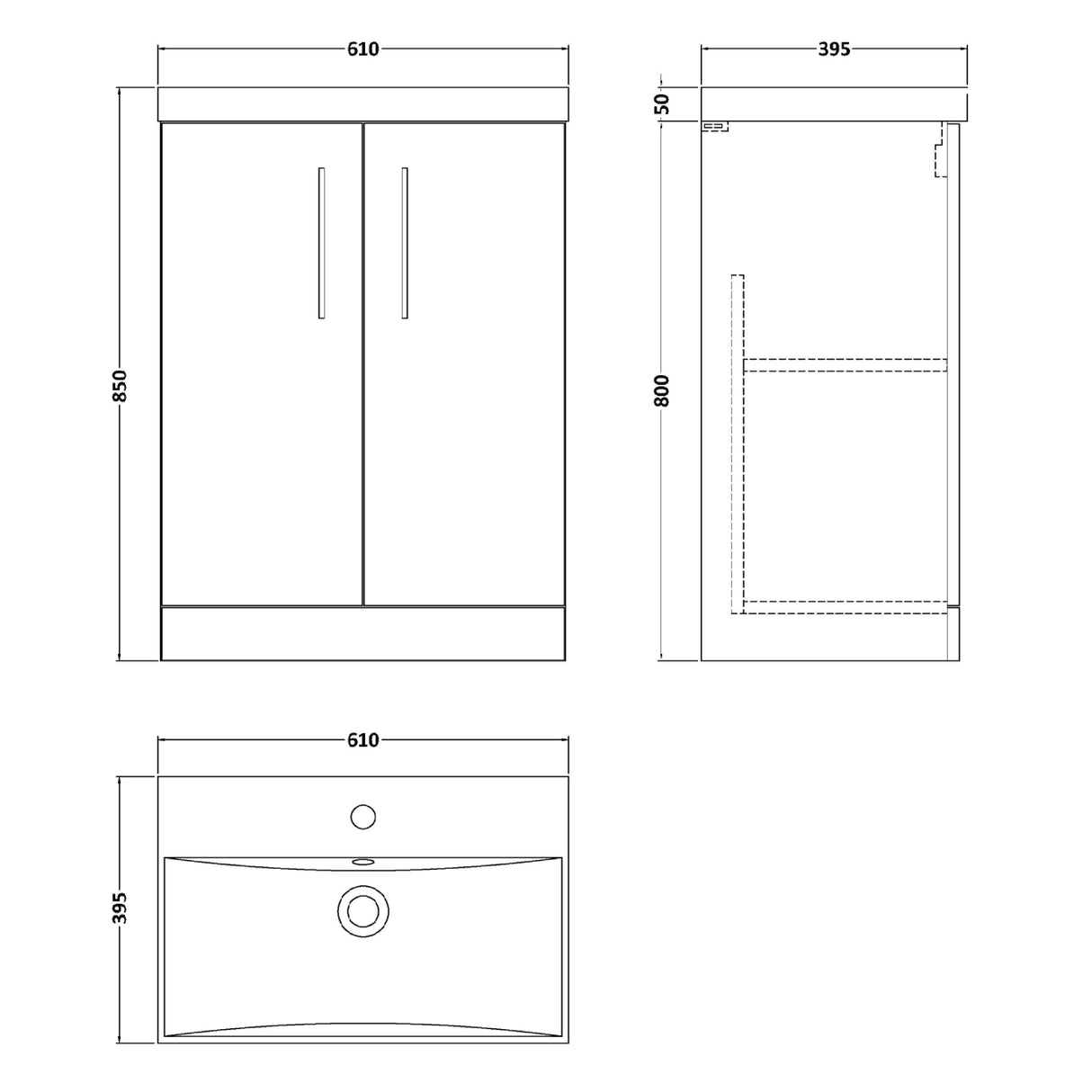 Nuie Arno 600mm Floor Standing 2 Door Vanity Unit & Basin Charcoal Black ARN603D LD
