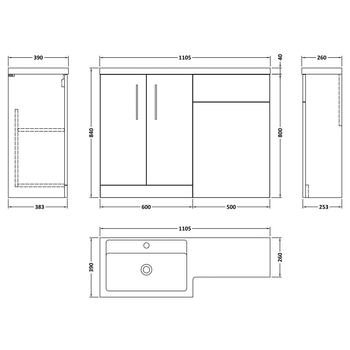Nuie Arno Toilet & Basin Suite W1100mm - 2 Door Vanity Unit & Polymarble Basin Charcoal Black ARN611L LD