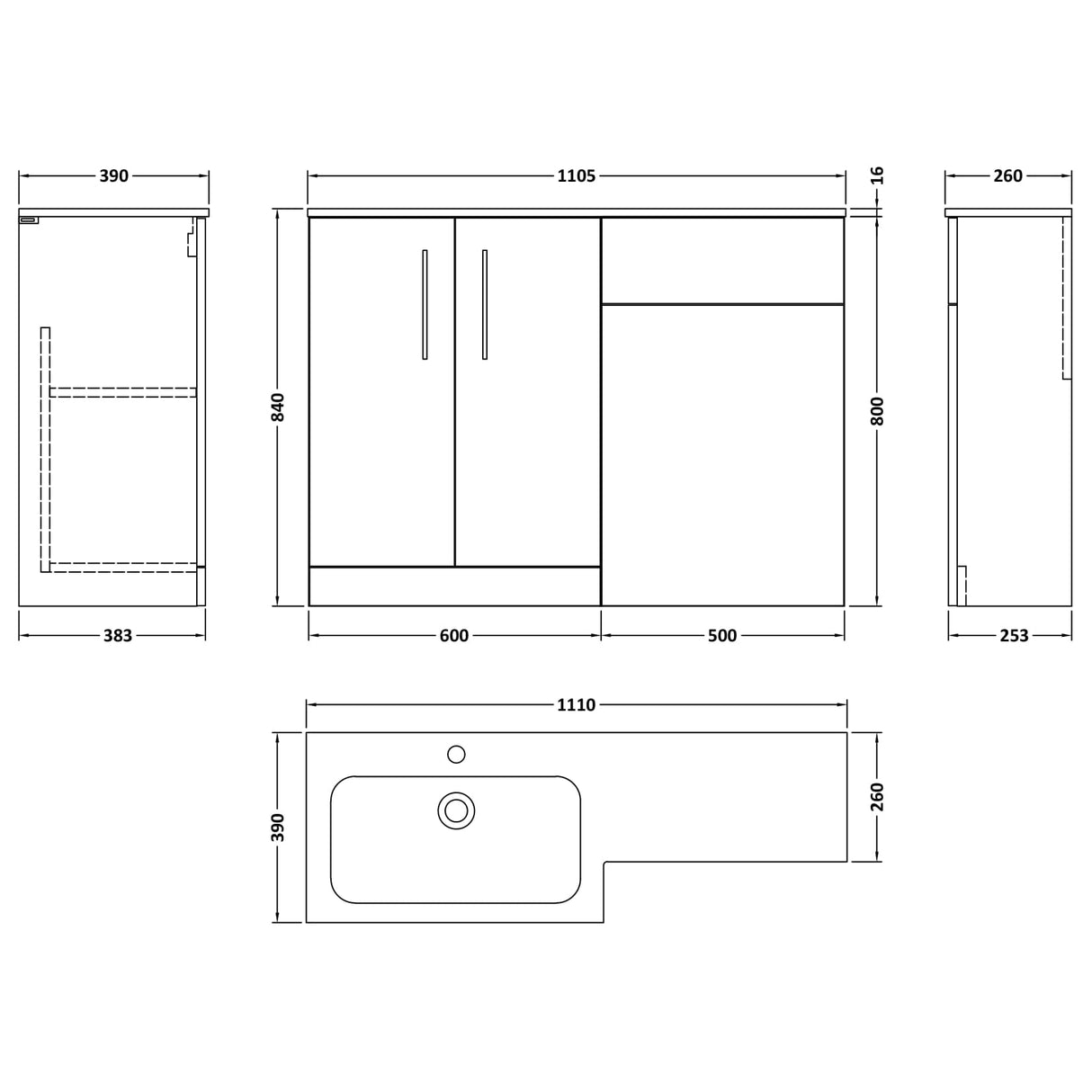 Nuie Arno Toilet & Basin Suite W1100mm - 2 Door Vanity Unit & White Stone Basin Charcoal Black ARN612L LD