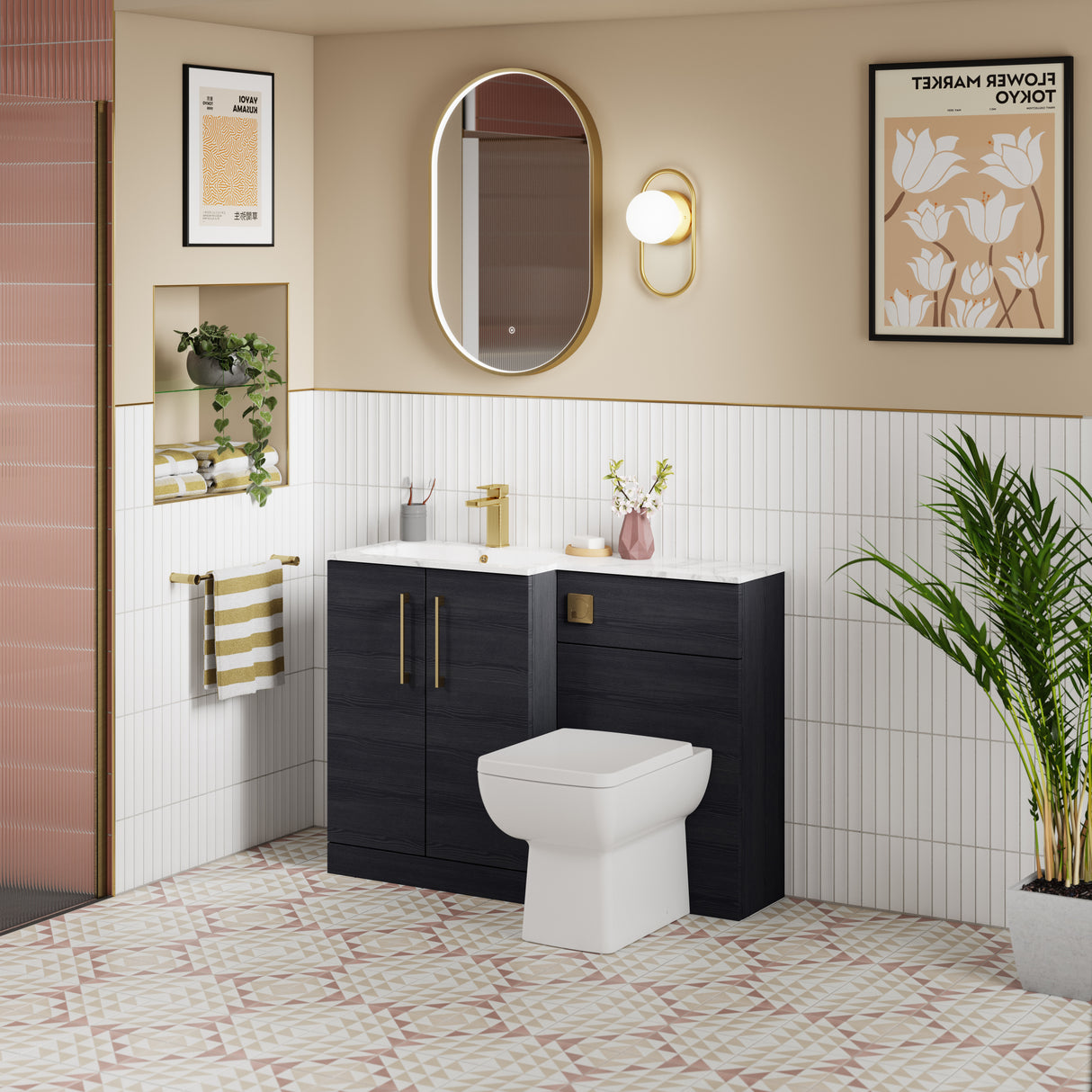 Nuie Arno Toilet & Basin Suite W1100mm - 2 Door Vanity Unit & Marble Stone Basin Charcoal Black ARN613L LS