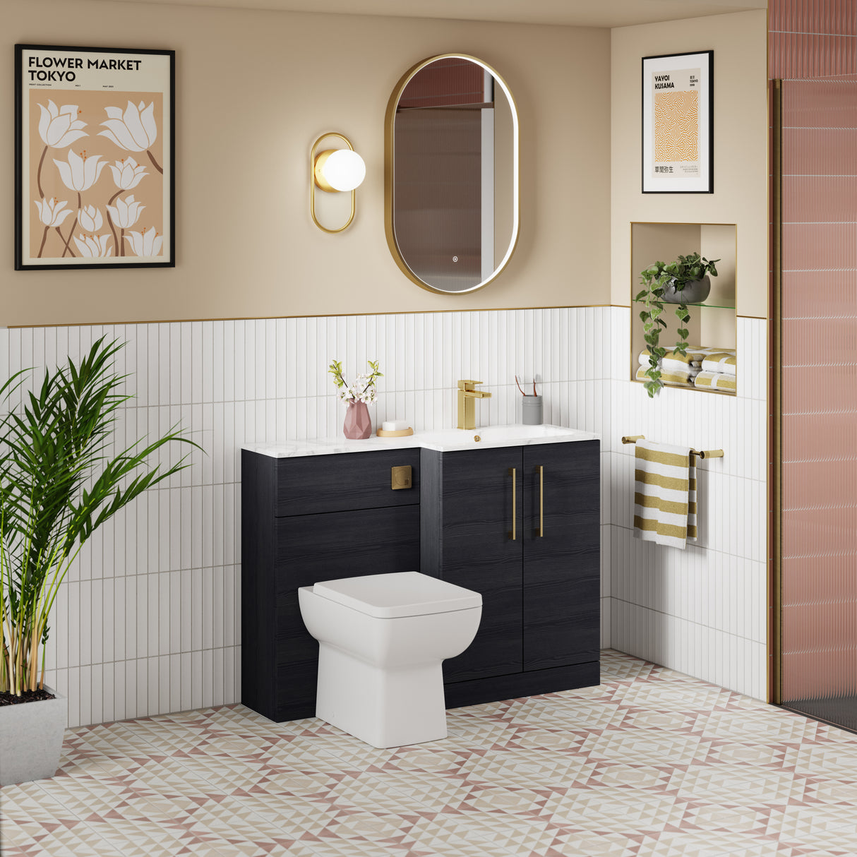 Nuie Arno Toilet & Basin Suite W1100mm - 2 Door Vanity Unit & Marble Stone Basin Charcoal Black ARN613R LS