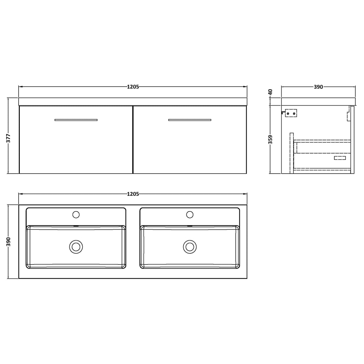 Nuie Arno 1200mm Wall Hung 2 Drawer Vanity Unit & Double Basin Charcoal Black ARN622C LD