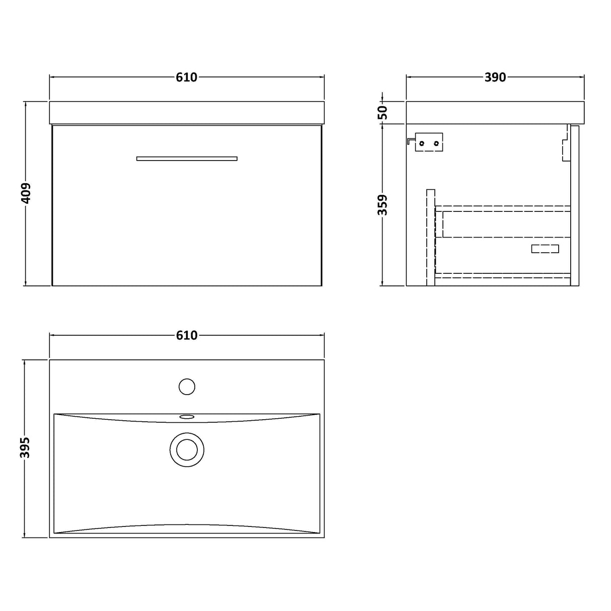 Nuie Arno 600mm Wall Hung 1 Drawer Vanity Unit & Basin Charcoal Black ARN622D LD