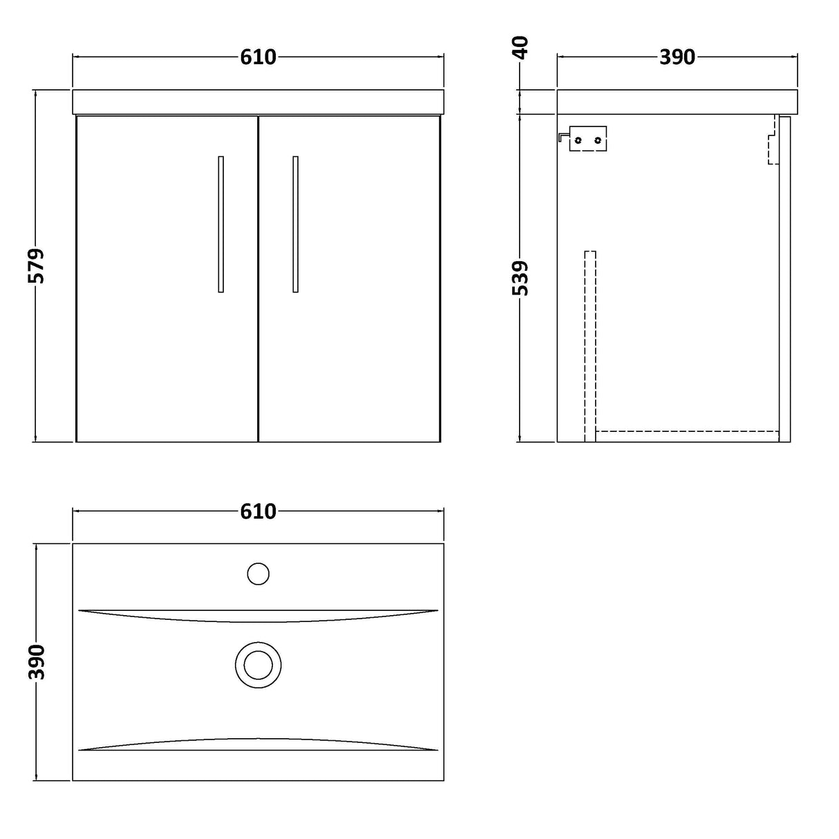 Nuie Arno 600mm Wall Hung 2 Door Vanity Unit & Basin Charcoal Black ARN623A LD