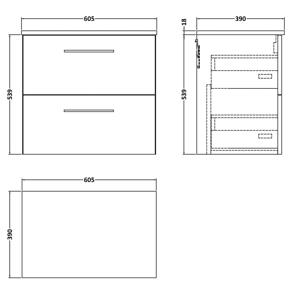 Nuie Arno 600mm Wall Hung 2 Drawer Countertop Vanity Unit Charcoal Black ARN624W LD
