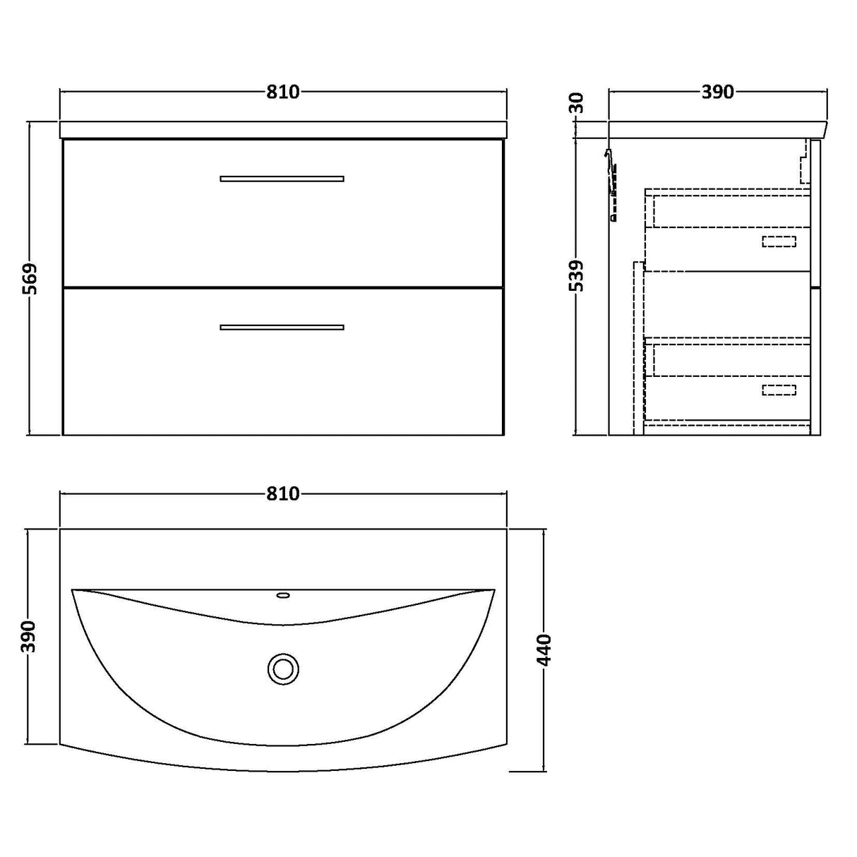 Nuie Arno 800mm Wall Hung 2 Drawer Vanity Unit & Basin Charcoal Black ARN626G LD
