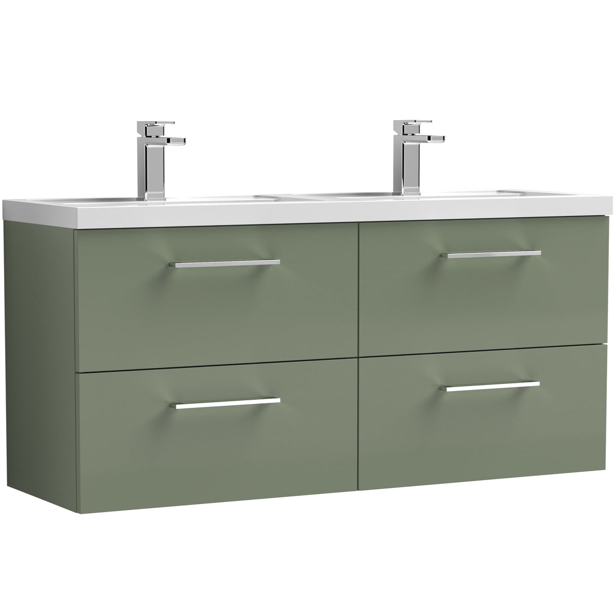 Nuie Arno 1200mm Wall Hung 4 Drawer Vanity Unit & Double Basin Satin Green ARN824C