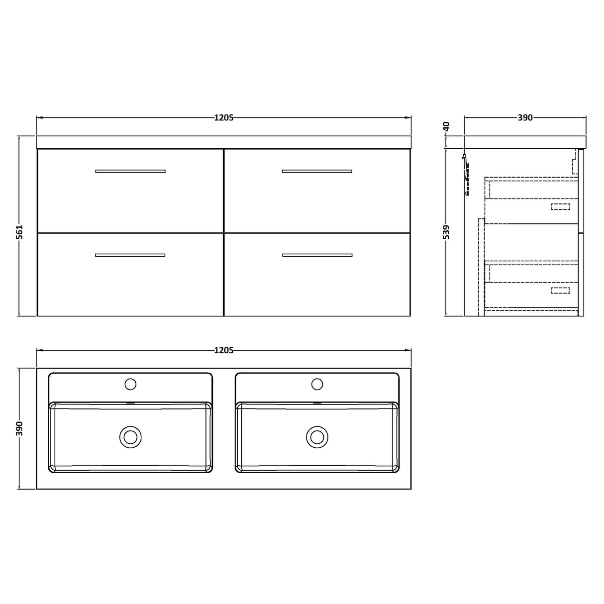Nuie Arno 1200mm Wall Hung 4 Drawer Vanity Unit & Double Basin Satin Green ARN824C LD