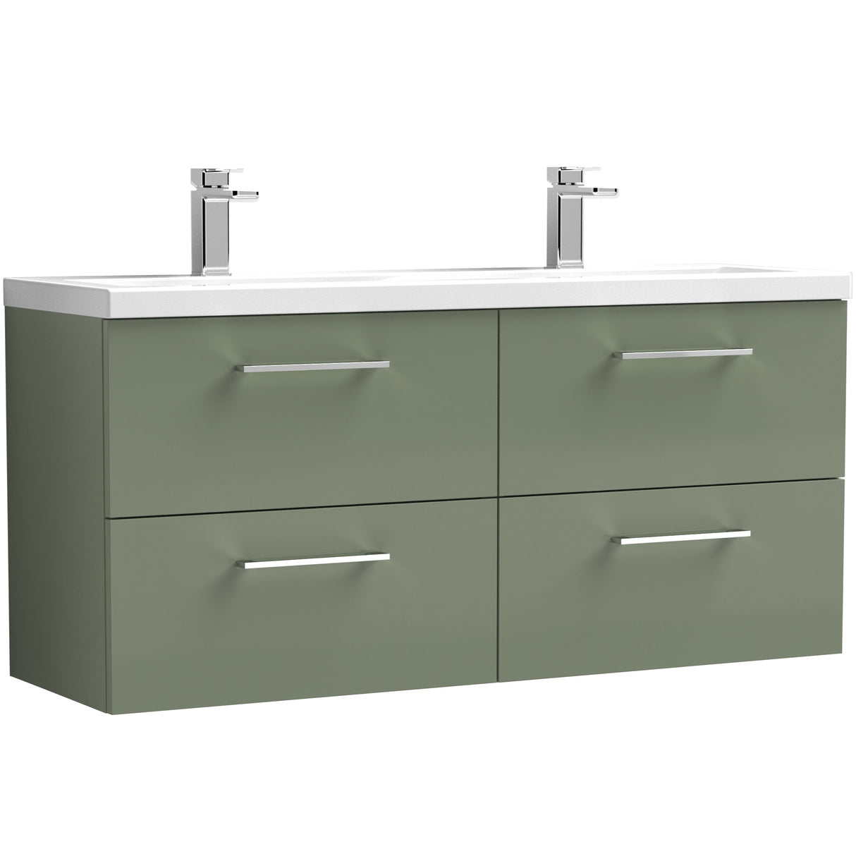 Nuie Arno 1200mm Wall Hung 4 Drawer Vanity Unit & Double Basin Satin Green ARN824F