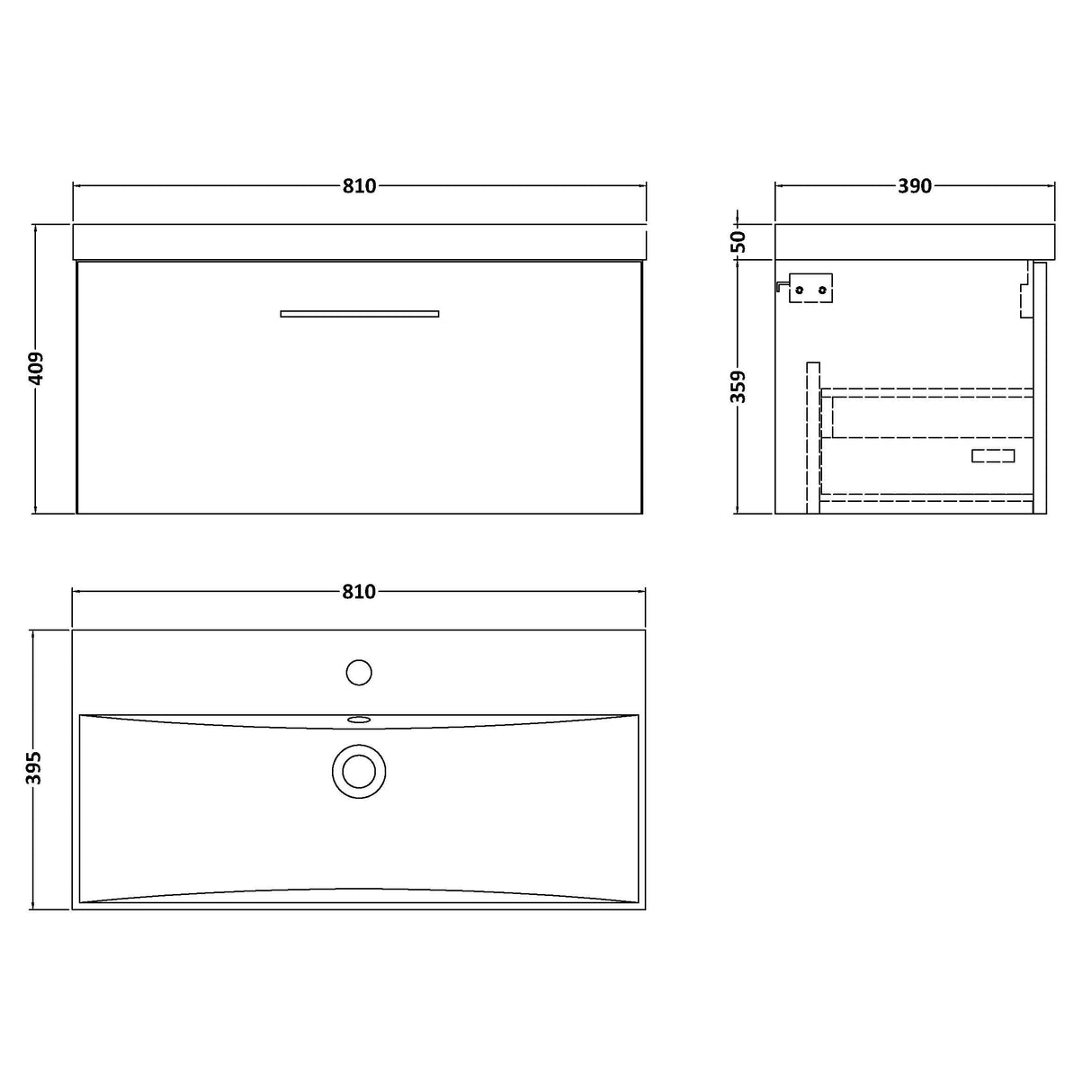 Nuie Arno 800mm Wall Hung 1 Drawer Vanity Unit & Basin Satin Green ARN825D LD