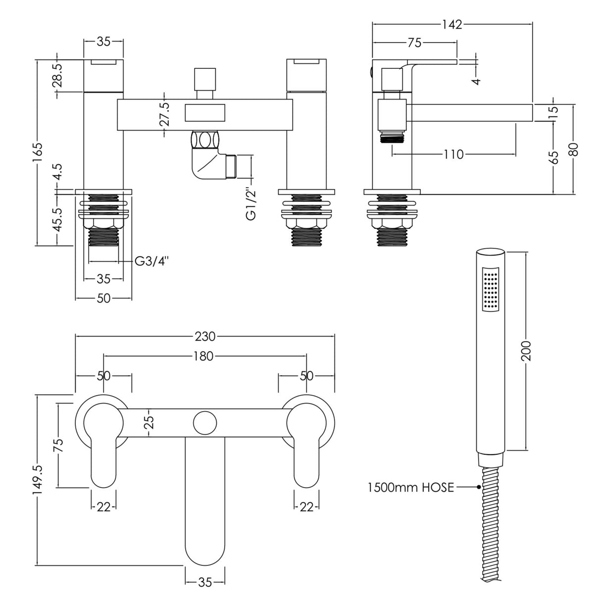 Nuie Arvan Bath Shower Mixer Tap with Shower Kit Chrome ARV304 LD