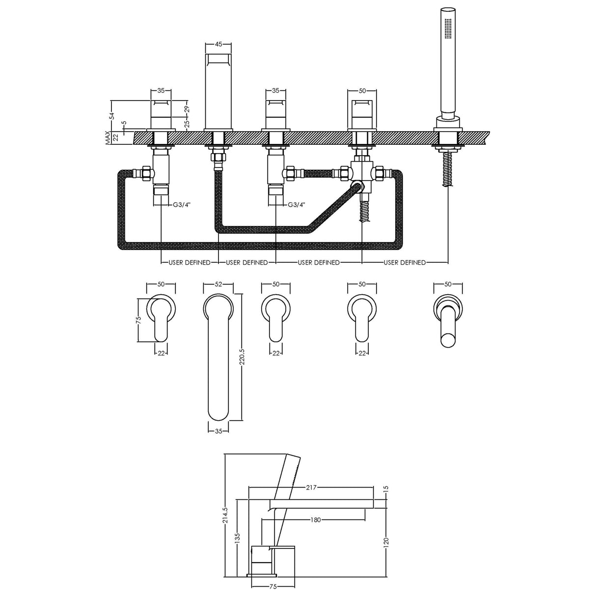 Nuie Arvan 5-Hole Bath Shower Mixer Tap with Shower Kit Chrome ARV314 LD