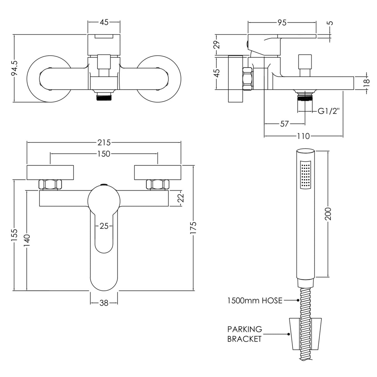 Nuie Arvan Wall Mounted Bath Shower Mixer Tap with Shower Kit Chrome ARV316 LD