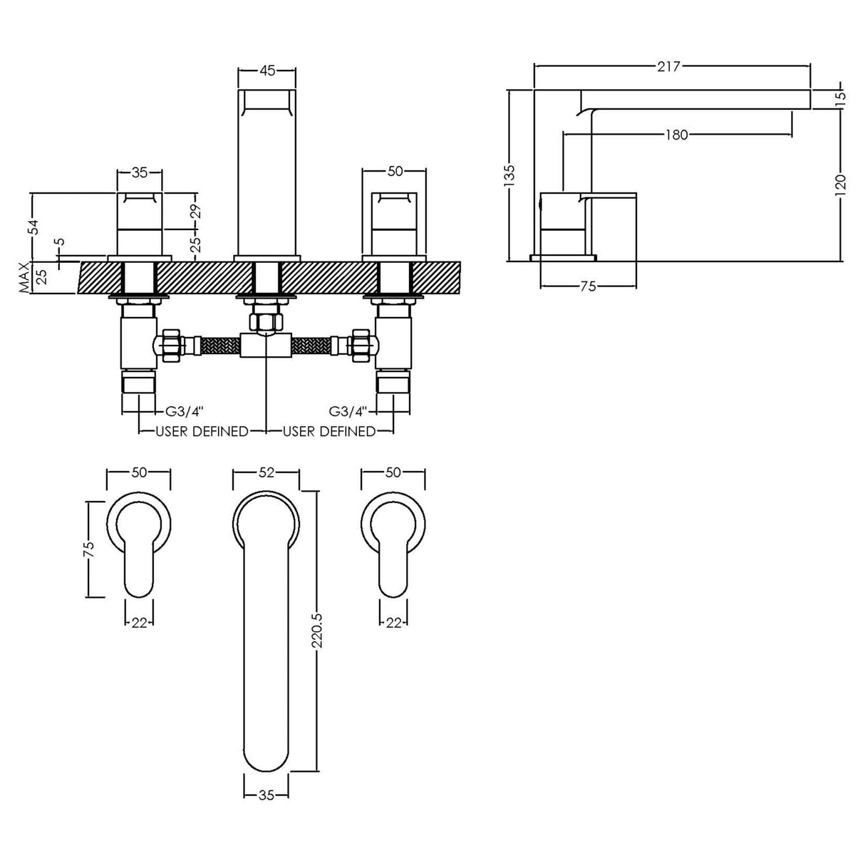 Nuie Arvan 3-Hole Deck Mounted Bath Filler Tap Chrome ARV333 LD