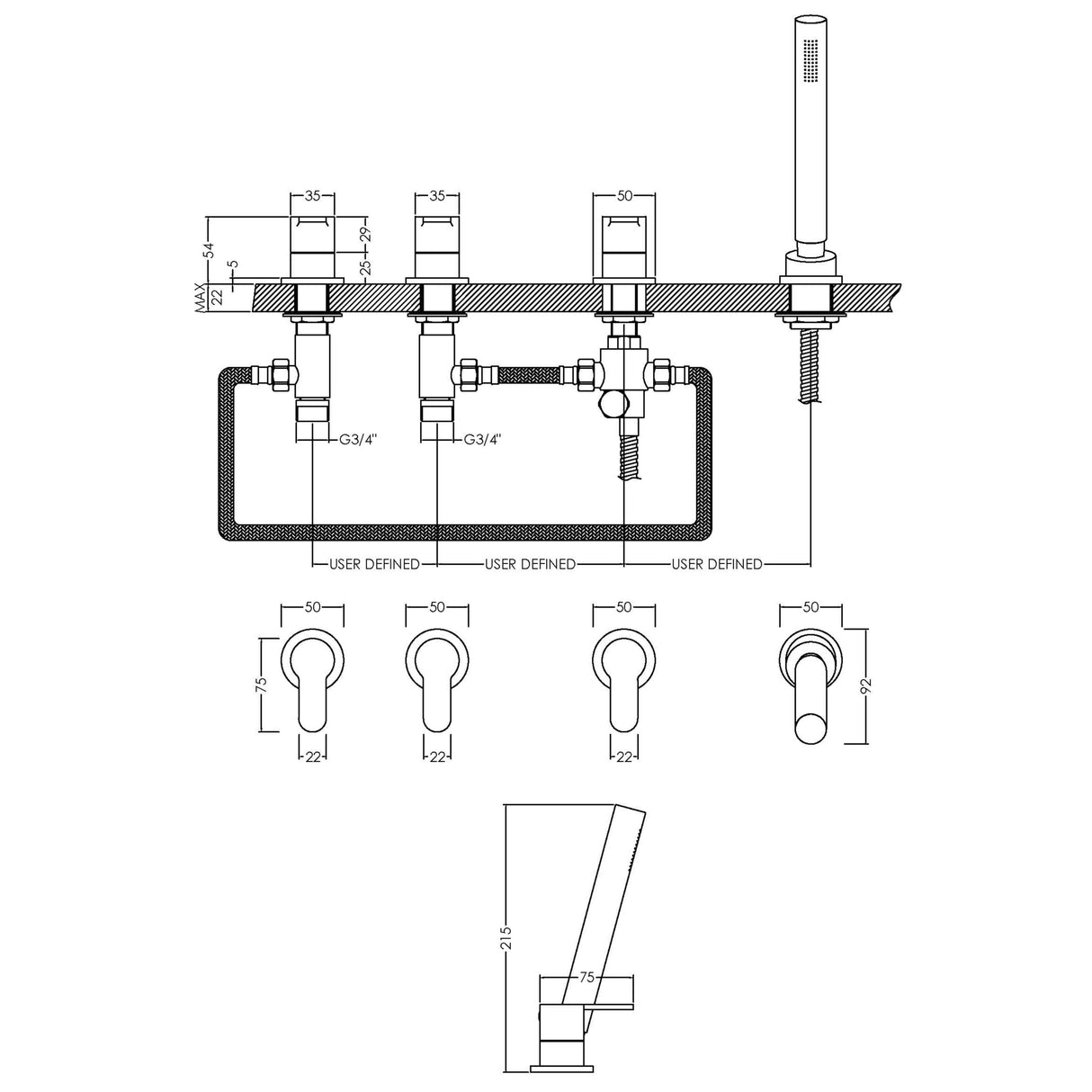 Nuie Arvan 4-Hole Bath Shower Mixer Tap with Shower Kit Chrome ARV334 LD