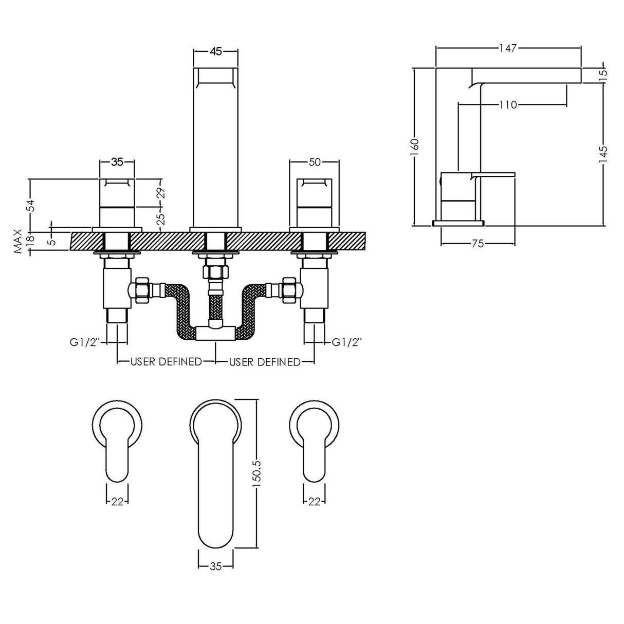 Nuie Arvan 3-Hole Basin Mixer Tap with Waste Chrome ARV337