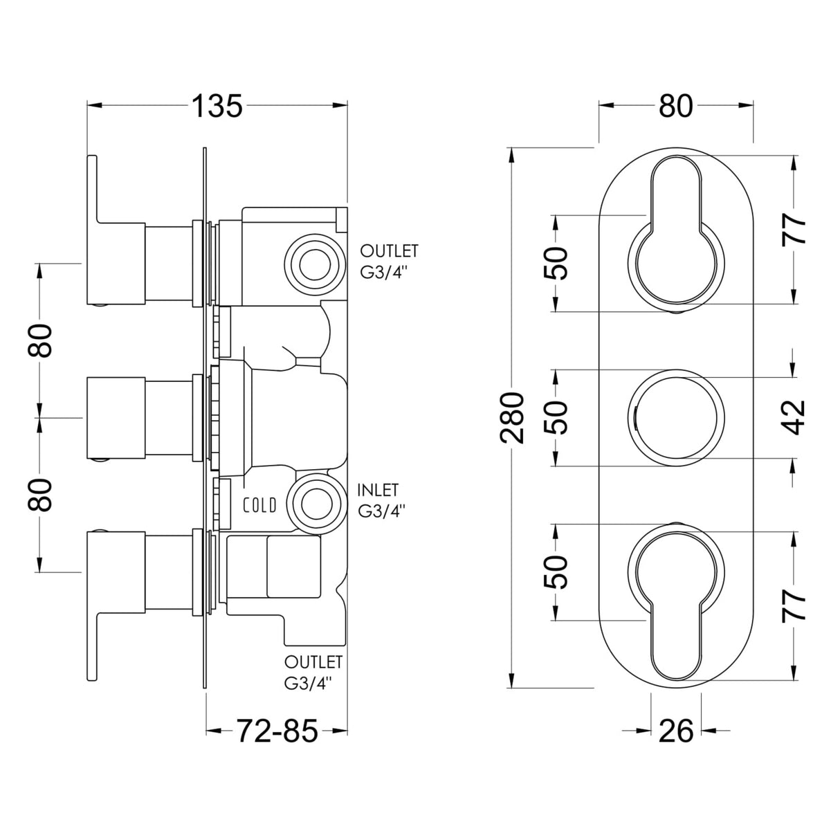 Nuie Arvan 3 Outlet Thermostatic Concealed Shower Valve With Diverter Brushed Brass ARV8TR03 LD