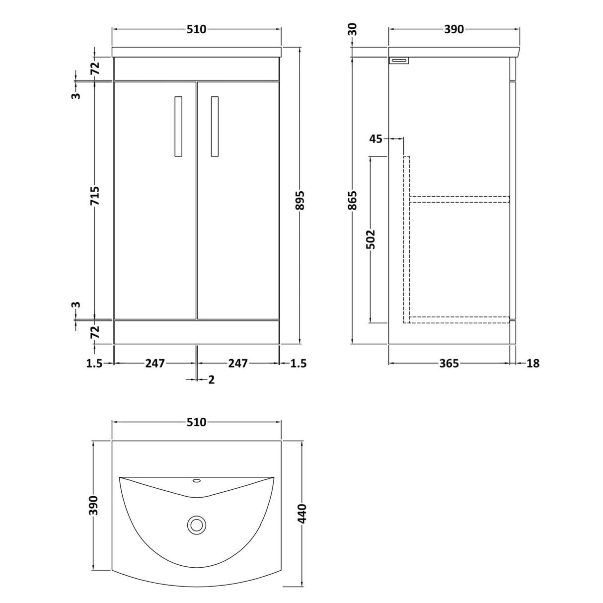 Nuie Athena 500mm Freestanding 2 Door Vanity Unit & Basin Gloss White ATH006G LD